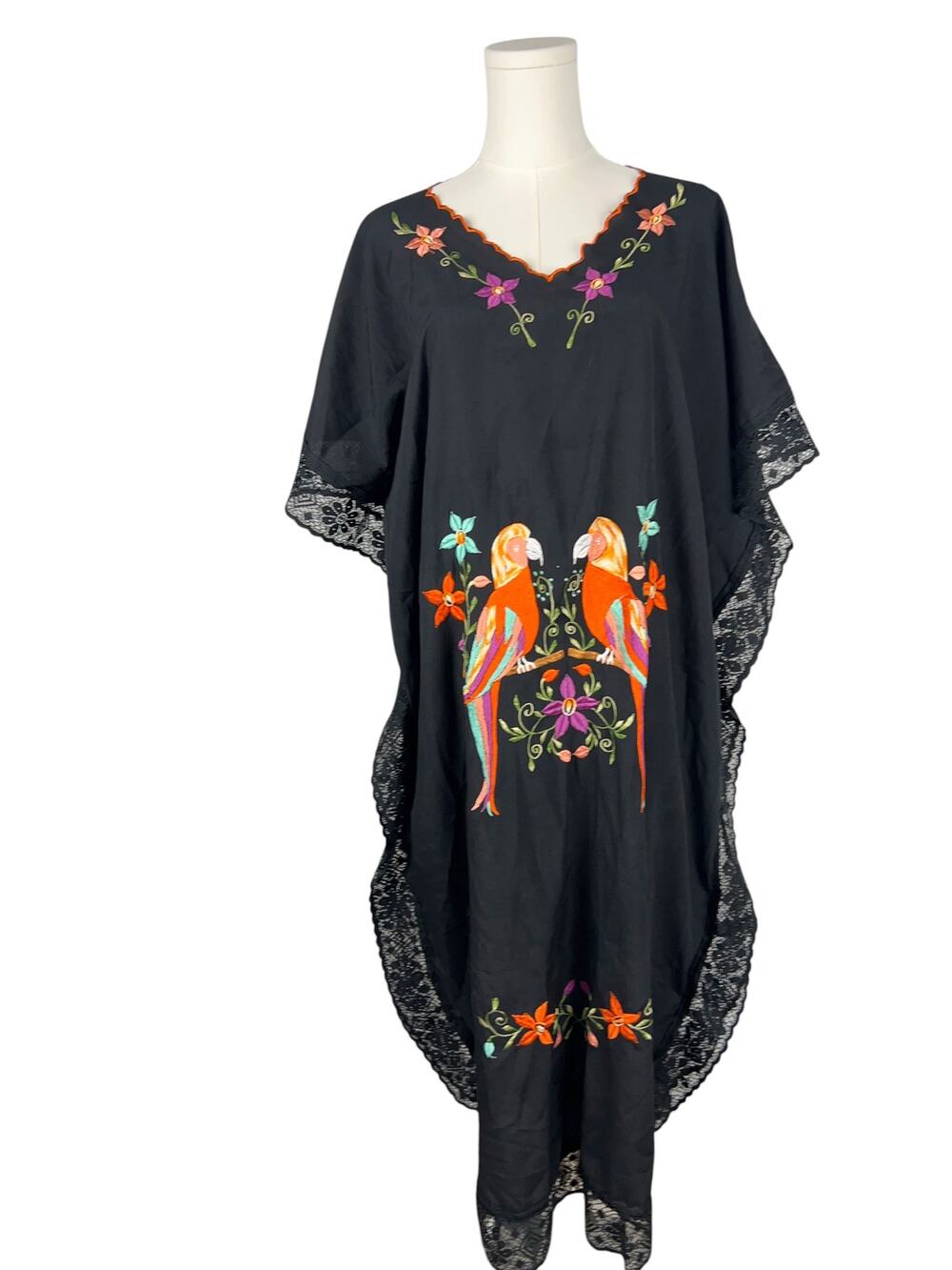 Vintage 90s Vibrant Floral Bird Embroidered Oaxaca Lace Trim Muumuu House Dress